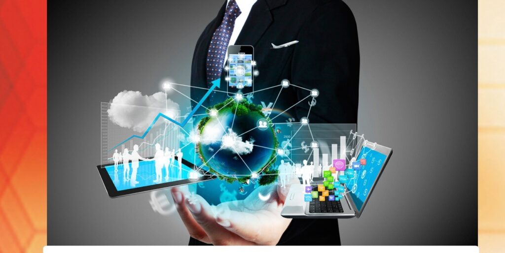 Businessman holding a tablet showing network graphics, representing IT services by Time Communication Solutions